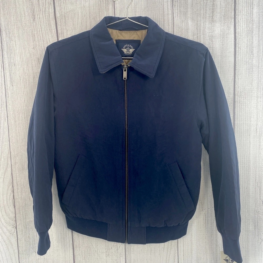 Dockers Bomber Jacket Mens SMALL Navy Relaxed Fit Full Zip Collared Microtwill